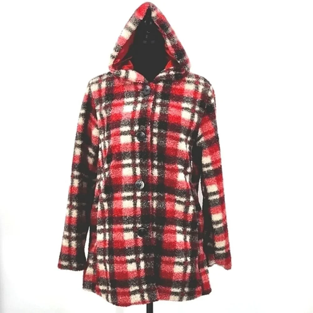 Big Chill Plaid Hooded Sherpa Teddy Pea Coat Women's Small Red Black & Beige
